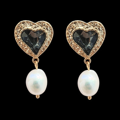 Pearled Heart Earrings - Grey
