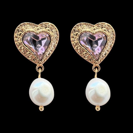 Pearled Heart Earrings - Pink