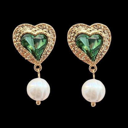 Pearled Heart Earrings - Green
