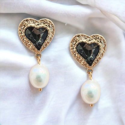 Golden Heart Pearl Drop Earrings Grey