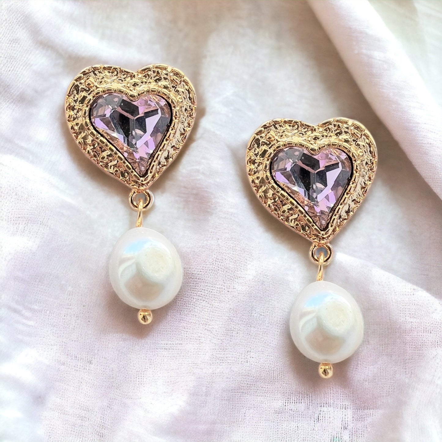Golden Heart Pearl Drop Earrings Pink