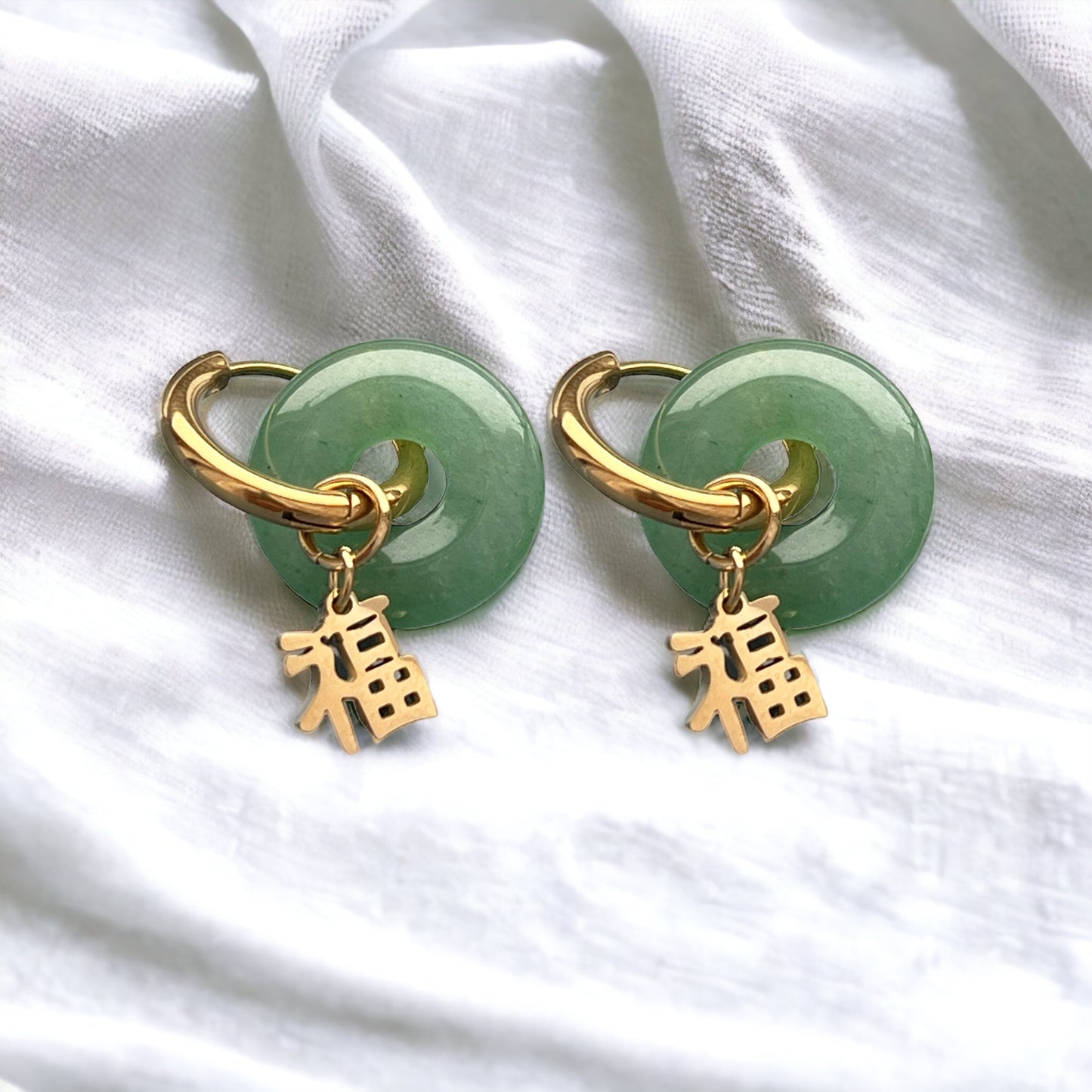 福 "Good Fortune" Gemstone earrings Gold