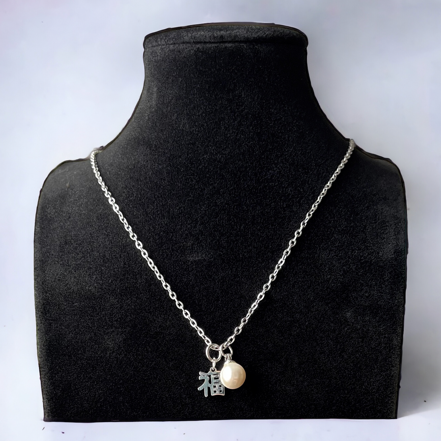 福 "Good Fortune" Pearl charm Necklace Silver