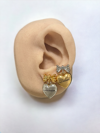 Two Tone Ribbon Bow Earrings - Gold/Silver + Silver/Gold