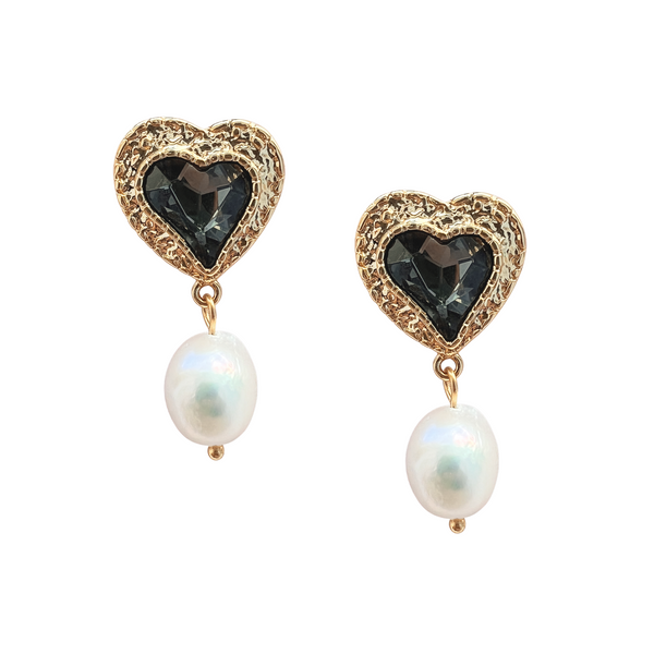 Golden Heart Pearl Drop Earrings Grey