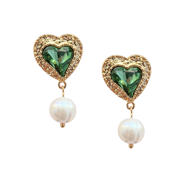 Golden Heart Pearl Drop Earrings Green