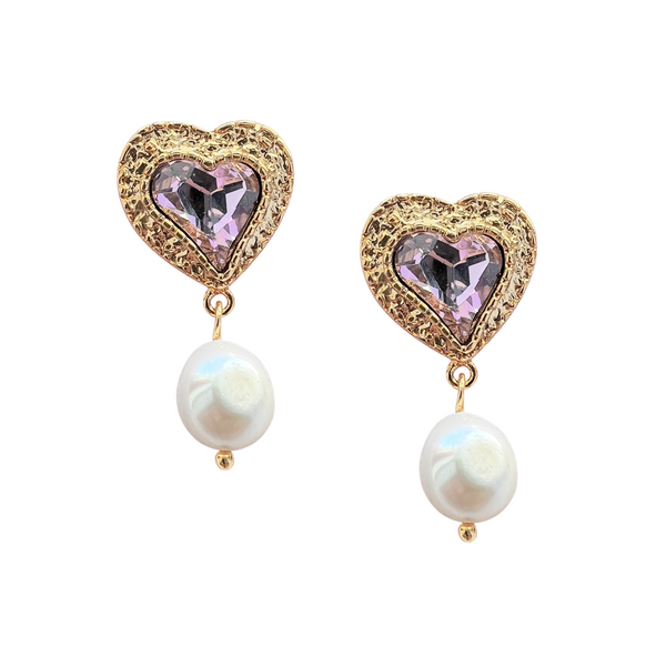 Golden Heart Pearl Drop Earrings Pink